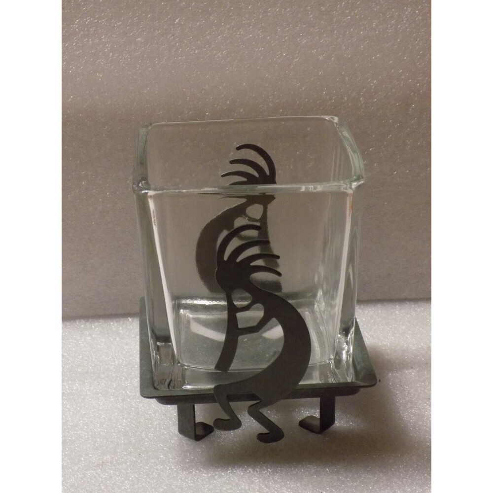 Native American Navajo Kokopelli Painted Metal Glass Candle Holder